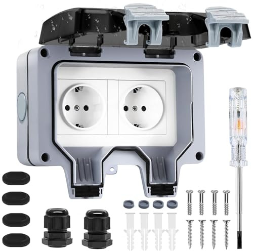 Lunriwis Aussensteckdose Wasserdicht Aufputz IP66 Gartensteckdose, Außensteckdose Wasserdicht 2 Fach, Wandsteckdose mit Klappdeckel zum Schutz der Kontakte, für Feuchträume, Gärten, Außenbereiche