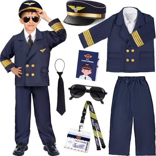 G.C Costume Pilota Bambini con Cappello da Pilota Cravatta Occhiali da Sole Capitano d'aereo Uniforme Vestito da Aviatore Halloween Carnevale Costume per Bambino Cosplay (T, 3-4 Anni)