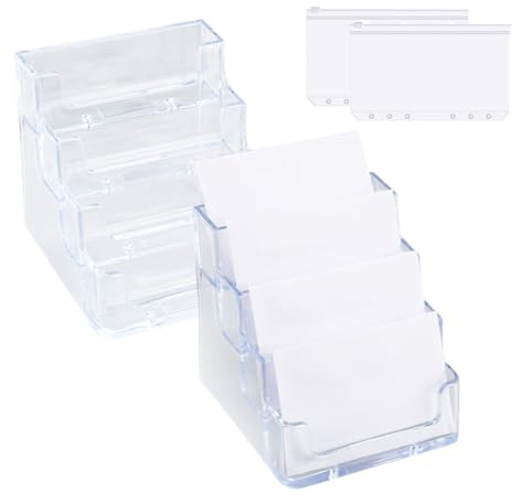 AMANDELIZABE - Lote de 2 titulares de tarjetas de visita, acrílicas transparentes con 4 compartimentos para tarjetas de visita, con 2 fundas transparentes para hojas voladoras A-6