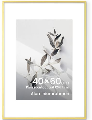 Feihorrm Marco de Fotos 40x60 Oro, Marco de Aluminio 40x60 cm, Marco de Metal con Vidrio Templado para Fotos de 40x60 cm sin Passepartout o de 28,7x41 cm con Passepartout
