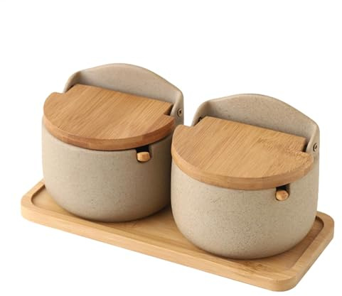 Saltströare med lock, saltströare med lock | 2 keramiska saltströare med träsked och lock, kryddlåda, restaurang salt- och sockerburkset, salthållare, a