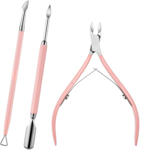 Cuticle Trimmer with Cuticle Pusher and Cutter - 3 PCS Pink Professional Pedicure Manicure Tools with Stainless Steel Dual End Pusher, Nail Scraper for Fingernails Toenails