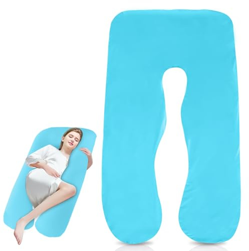 Funda de almohada de embarazo, funda en forma de J para dormir de lado, cojín corporal de algodón extraíble, lavable a máquina, funda de repuesto para adultos, cojín de lactancia, 150 x 80 cm, azul
