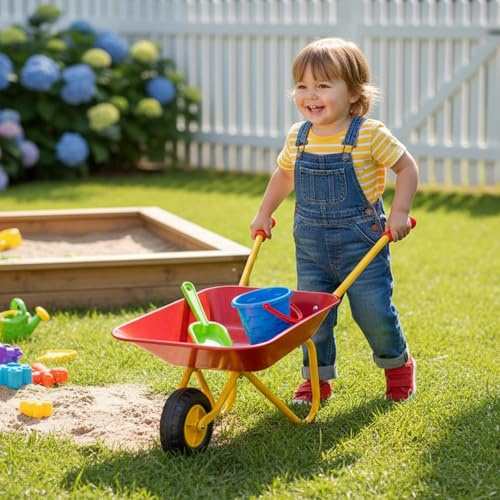 Metal Kids Wheelbarrow Garden Outdoor Construction Gardening Toys Play Tool | Toy, Play, Farm, Gardening | Childrens Wheelbarrow Kids Gardening Set (RED/YELLOW)
