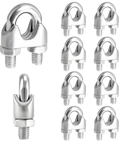 10 morsetti per fune metallica M6, in acciaio inox 304, morsetti per fune da 6 mm, connettori a U per cavo in acciaio, filo di acciaio, fune metallica, tenditore per tende fissate (Sliber)