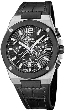 Festina Swiss Made herrkronograf klocka av stål med läderarmband F22003/4
