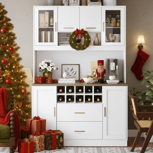 KOMHTOM Armoire de Cuisine, Armoire de Salle à Manger, Buffet, Dispositif Anti-basculement, avec éclairage LED, Porte Coulissante en Verre et 2 Tiroirs de Rangement (Blanc-2)