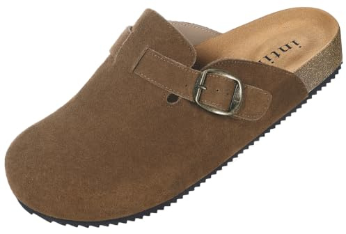 Intini Zuecos y Mules para Hombre Mujer Sandalias de Piel | Plantilla Corcho, Zapatilla de Estar por Casa, con Hebilla Ajustable, Cerradas, Cómoda
