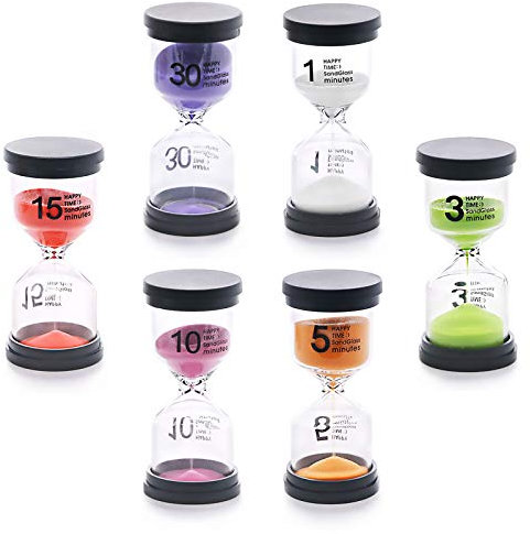 Swpeet 6 Pack 6 Colors Sand Timer Hourglass Sandglass Timer Assortment Kit, 1 min/3 mins/5 mins/10 mins/15 mins/30 mins Sand Clock Timer for Home Office Kitchen Kids Games Classroom