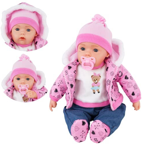 BiBi Doll 20 Baby Girl Doll - Large Lifelike Size, Soft Body, with Dummy & Sounds in Neon Pink Coat Outfit, Toy for Boys & Girls Aged 18 Months+