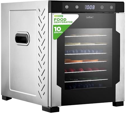 NutriChef Electric Countertop Food Dehydrator -900-Watt Premium Multi-Tier Meat Beef Jerky Maker Fruit/Vegetable Dryer w/10 Shelf Stainless Steel Trays,Digital Timer,Temperature Control-NCFD10S