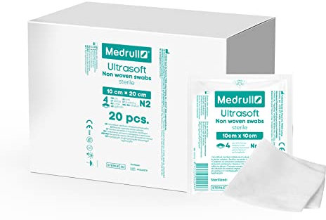 Medrull Kompressen nicht gewebt STERIL ULTRASOFT 4-lagig- 10 x 20 cm - Verpackt 2 Stück - 20 Papierbeuteln (40 Stück)