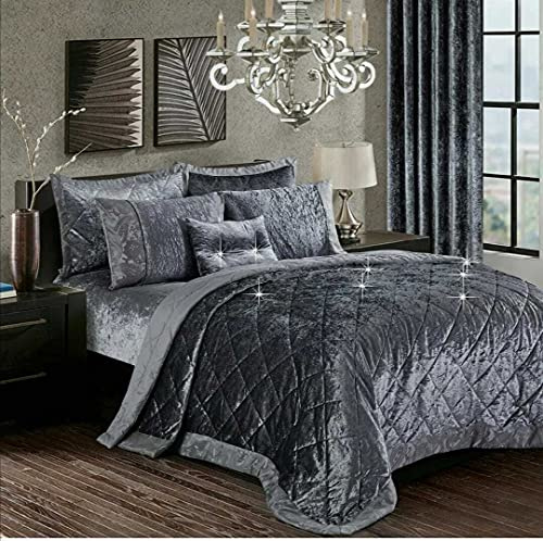 PRIME LINENS Crushed Velvet Quilted Bedspread Comforter Set 3 Piece Super Soft Bed Throw Diamond with 2 Pillow Cases (Dark Grey, King 3 Piece)