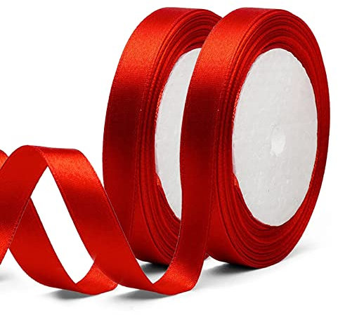 luckaide Satinband Rot, 44 Meters Seidenband, Geschenkband Rot, Rotes Band, 10MM Breit Satinband Rot für Hochzeit, Taufe, Geburtstag Geschenke, Blumensträuße und Nähprojekt(2 Stück)