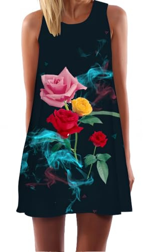 Ocean Plus Mujer Casual Top Verano Vestidos Sin Mangas Vestido de Chaleco Vestido de Fiesta Mini Vestido Vestido de Playa (L (EU 38-40), Rosas de Colores y Humo)