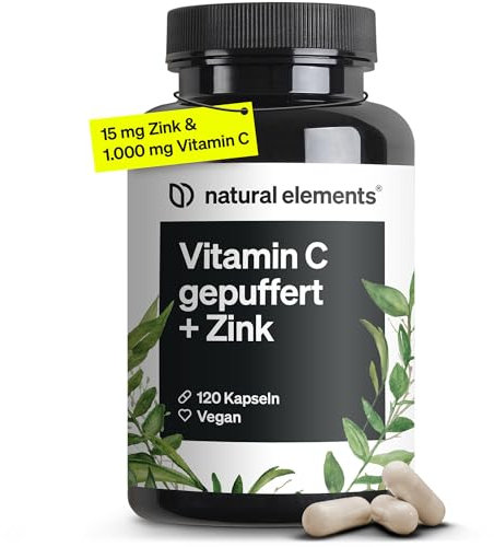 natural elements Vitamin C - 120 Kapseln - Hochdosiert mit 1000mg + 15mg Zink - Pflanzlich fermentiert & gepuffert (pH-neutral, säurefrei, magenschonend) - vegan, laborgeprüfte Qualität