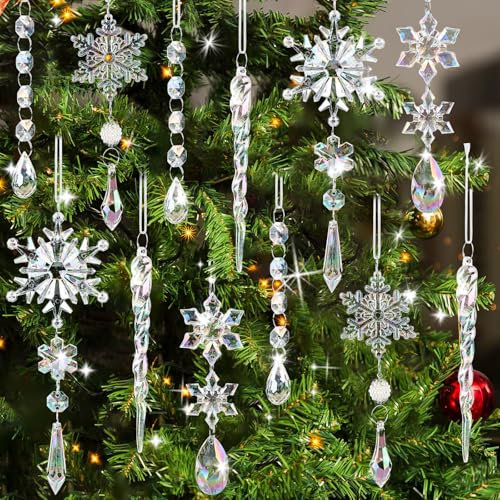 AKONE Acryl Schneeflocken Christbaumschmuck 18 Stück, Eiszapfen Weihnachtsbaum Deko, Schneeflocken Anhänger Baumschmuck Weihnachten, Schneeflocken Weihnachtsbaum Deko für Weihnachten Party