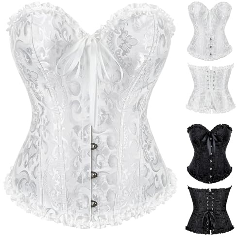 Shyllin Damkorsett med full byst, korsett-topp, vintagekläder, figurformande body, perfekt för halloween, karneval, julfester och baler, Vit, XS