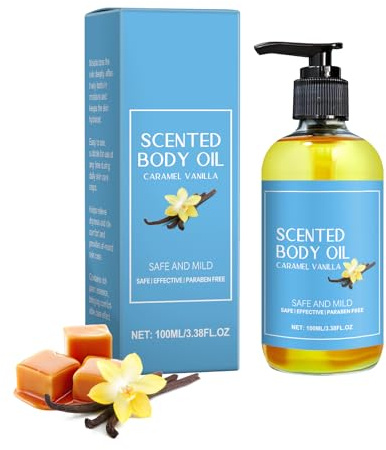 Karamell-vanilj-kroppsolja, närande och fuktgivande massageolja, lämplig för alla hudtyper, massage efter dusch och daglig hudvård (100 ml) (1)