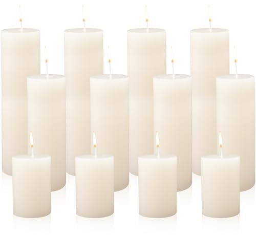12 Pcs Ivory Pillar Candles, 3 Sizes Unscented Tall Candle Bulk for Church, Dripless White Wax Candle for Home Wedding Birthday Spa Dinner Holiday Party Table Decoration