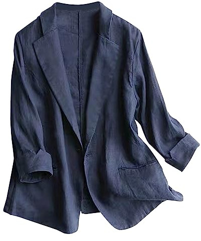 Linen Jackets For Women Uk Lightweight 3/4 Sleeve Tops Cardigan Plus Size Solid Color Suit Jacket Long Sleeve Office Buttons Shirts With Pockets Lapel Blazer Prom Shirts Party Wedding