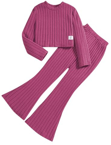 Generisch Conjunto de 2 piezas para niñas, camiseta de manga larga, camiseta sin vientre, sudadera, camisas acanaladas, pantalones de chándal, Rosa intenso., 9-10 años