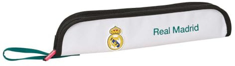 Safta | Portaflautas Real Madrid Equipación 26/27, Tubo Escolar Acolchado con Alojamiento para Varilla de Limpieza, Asa Lateral, Ribete Reforzado Resistente, Estuche Escolar, Medidas 37x2x8 cm