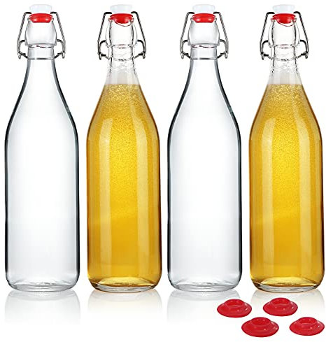 YEBODA Clear Glass Bottles with Stopper For Home Brewing Beer Kombucha Kefir & Airtight Silicone Seal 32 oz(4 Set)
