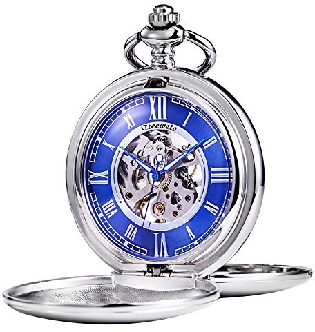 TREEWETO Reloj de bolsillo – Serie lisa doble esqueleto esfera azul movimiento mecánico con cadena, plata/oro, plateado, Clásico