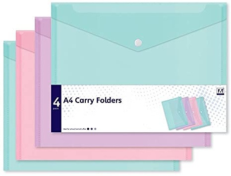 4 Assorted Pastel Colour A4 Document Stud Wallets Plastic Carry Popper Folder Pink Aqua