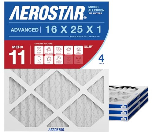 Aerostar 16 x 25 x 1 MERV 11 veckat luftfilter, AC ugn luftfilter, 4-pack (faktisk storlek: 3/4 tum x 61 cm x 7,8 cm)