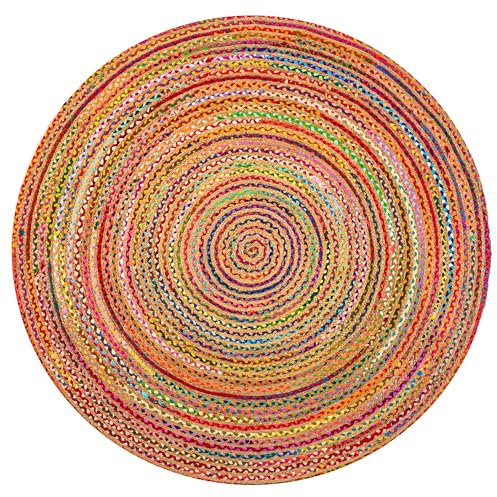 RAJRANG BRINGING RAJASTHAN TO YOU Groß Jute Teppich Rund - 244 cm Flickenteppich Mehrfarbiger Chindi Baumwolle Waschbar Fleckerlteppich Bunt Rug Läufer für 0utdoor, Wohnzimmer und Schlafzimmer