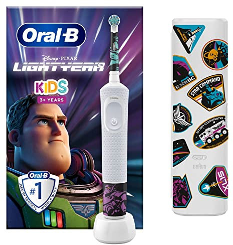 Oral-B Vitality Kids Elektrische Zahnbürste mit wiederaufladbarem Griff mit Braun-Technologie, 1 Bürstenkopf und Reiseetui mit Disney Light Year-Motiven, geeignet für Kinder ab 3 Jahren, Weiß