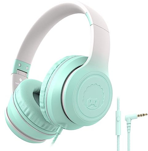 RockPapa L22 Auriculares para Niños, Cascos con Cable para Niñas y Niños, Auriculares con Microfono, Diadema Ajustable, Plegable, Auriculares con Cable para Phones/PC/TV/DVD/MP3 (Verde Azulado)
