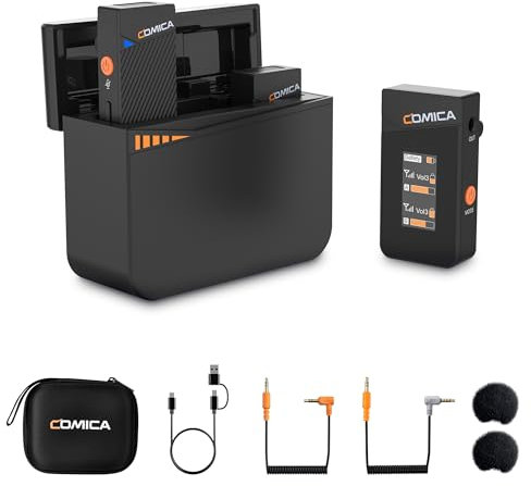 COMICA Vimo C3 Wireless Lavalier Microphone with Noise Cancellation, Monitoring, Muting, Compact Mini Wireless Lapel Microphone for DSLR Cameras iPhone Android Live-Streaming Vlogging and Recording