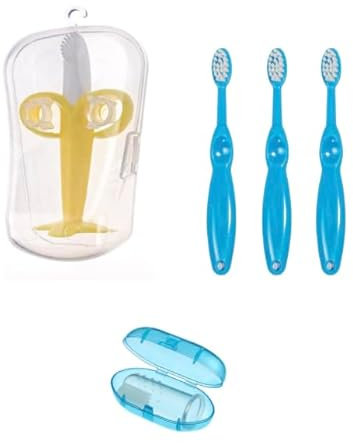 Sanitral - Baby's komplettes erstes Zahnbürsten-Set, blau, 0–2 Jahre, 3er-Set, Baby-Bananen-Beißring mit Etui, BPA-frei, rosa Baby-Finger-Silikon-Zahnbürste, blau, 3 Stück (0–24 Monate)