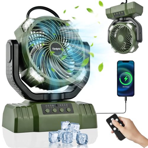 Camping Ventilator mit Akku 10000mAh, Tragbarer Ventilator Leise mit LED-Licht, 270° Rotieren Tischventilator mit Haken/USB-Aufladung, Zeltventilator für Outdoor Camping, Stromausfall, Angeln, Büro