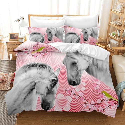 Leleyouzer Juego de ropa de cama con diseño de caballos, funda nórdica para niños y adolescentes, 1 funda nórdica de microfibra con cremallera y 2 fundas de almohada de 50 x 70 cm (Hourse 3, 220 x 240
