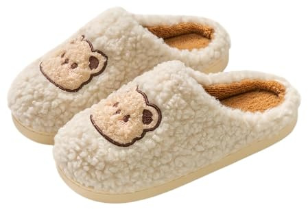 eaonitu Ultra Comfy Teddy Bear Slippers, Extra Soft Cozy Autumn Winter Indoor Outdoor Slip Ons, Cozy Home Lounge Bedroom Footwear (8,White)
