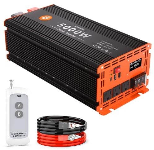 5000 Watt Power Inverter 12V DC to 110V/120V AC Converter Peak Power 10000W Car Inverter with LCD Display 3 AC Outlets, 2 USB & Type-C Port for RV,Truck,Off-Grid Solar System with Remote Controller