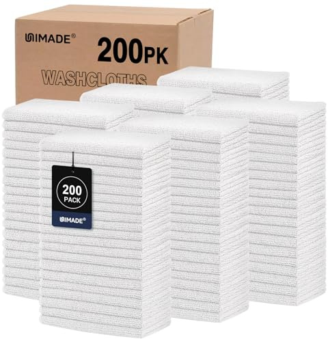 UNIMADE Washcloths Bulk - 200 Pack - Face Towels (12 x 12), Highly Soft Wash Cloths and Hand Towels, Fast Drying Multi-Purpose Microfiber Cleansing Cloths for Bathroom, Hotel, Spa, and Salon - White