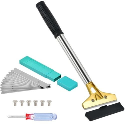AMSGANK Grattoir Vitre avec 10 Lames, 4 Grattoir de Sols Grattoir Peinture avec Long Manche Ensemble d'Outils de Grattoir de Nettoyage pour Carrelage, Papier Peint, Colle, Fenêtre