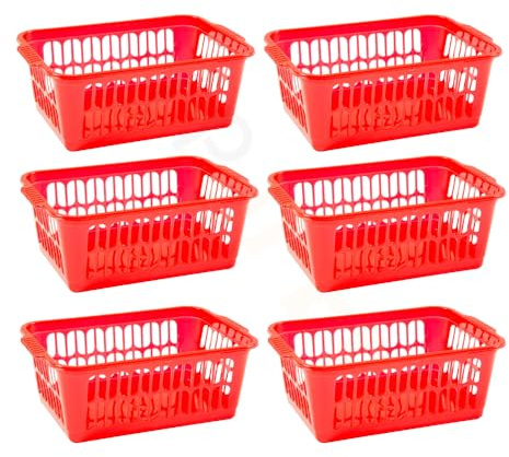 Set of 6 - Medium Plastic Storage Baskets | Office Home and Kitchen Handy Tidy Organiser, Plastic Shallow For Storage Shelf Baskets, Bathroom, School Classroom, Pharmacies 30 x 20 x 11 cm (Red)