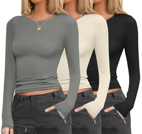 Ekouaer Womens 3 Pack Long Sleeve Shirts Fitted Tops Base Layering Tight Thermal Undershirts Thin Warm Tops, Black/Light Gray/Beige, L