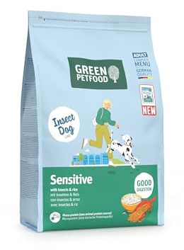 Green Petfood InsectDog Sensitive con insetti e riso (1 x 3 kg), per adulti, cibo secco di alta qualità per cani sensibili adulti, insetti come unica proteina animale, senza frumento, confezione da 1