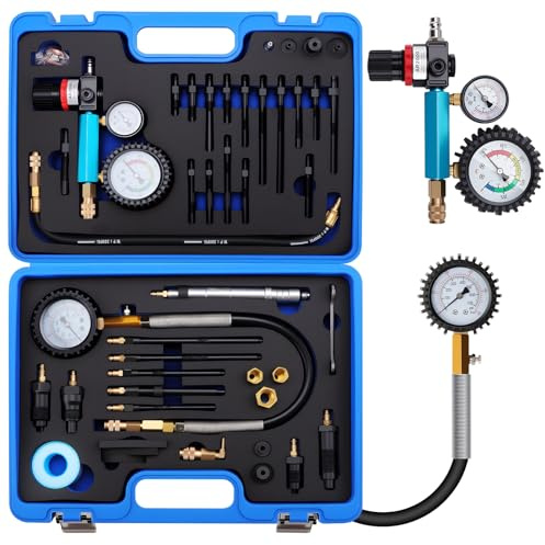 KAOLALI 46 Pezzi Tester di Compressione per Motori a Benzina e Diesel, Tester di Perdita di Pressione 0-725 psi, Testers Motore per Motori Diesel e Benzina HDi, TDCi, M24, M22, M20, M14, M12, M10, M8