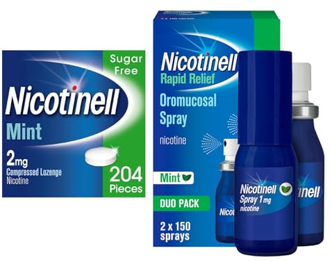 Nicotinell Dual Support Bundle: Nicotinell Lozenge 2mg (204 Lozenges) + Nicotinell Nicotine Mouth Spray 1mg (2x150 Sprays), Fast Craving Relief, Quit Vaping & Stop Smoking Aid, Fresh Mint Flavour