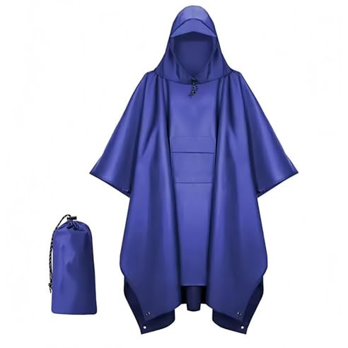 Poncho Waterproof Adult, 3-in-1 reusable Rain Poncho Adult Waterproof with Hood, Thickened PU Waterproof Coating Raincoat, For Cycling, Hiking and Outdoor Activities (Blue)