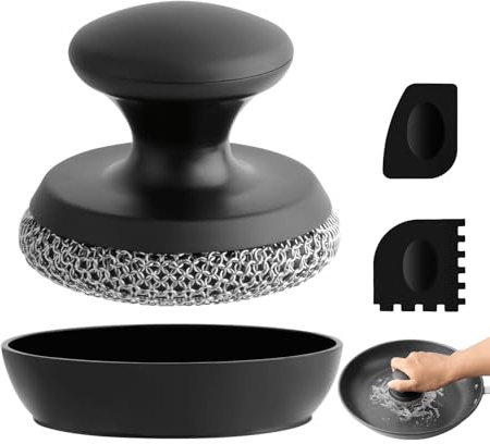 Cepillo Limpieza para Sartén Hierro Fundido, con 2 rascadores, para Limpieza de sartenes de Hierro, ollas, sartenes, Parrillas (Negro – 1 Piezas)