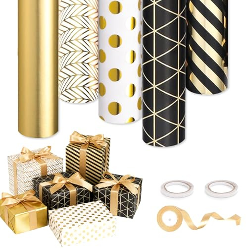 5 Rouleaux de Papier Cadeau Rouleau 43 cm×3 m,Papier Cadeau Anniversaire, PapierCadeau Noir avec 1 ruban et 2 rouleaux de ruban adhésif, pour EmballageCadeau d'anniversaire, mariage et fête